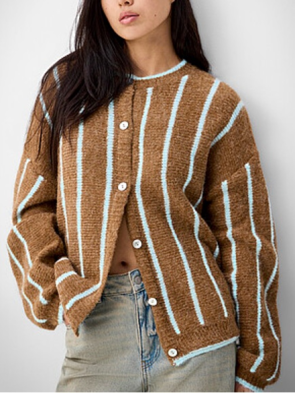 Vertical Striped Button-Front Sweater Cardigan